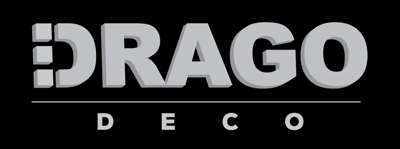Drago Deco logo 3D pelēkā vārdiskā stilā