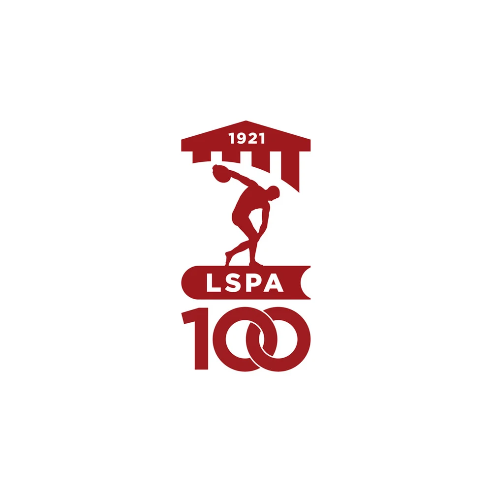 LSPA 100. gadadienas logo ar diska metēja ilustrāciju