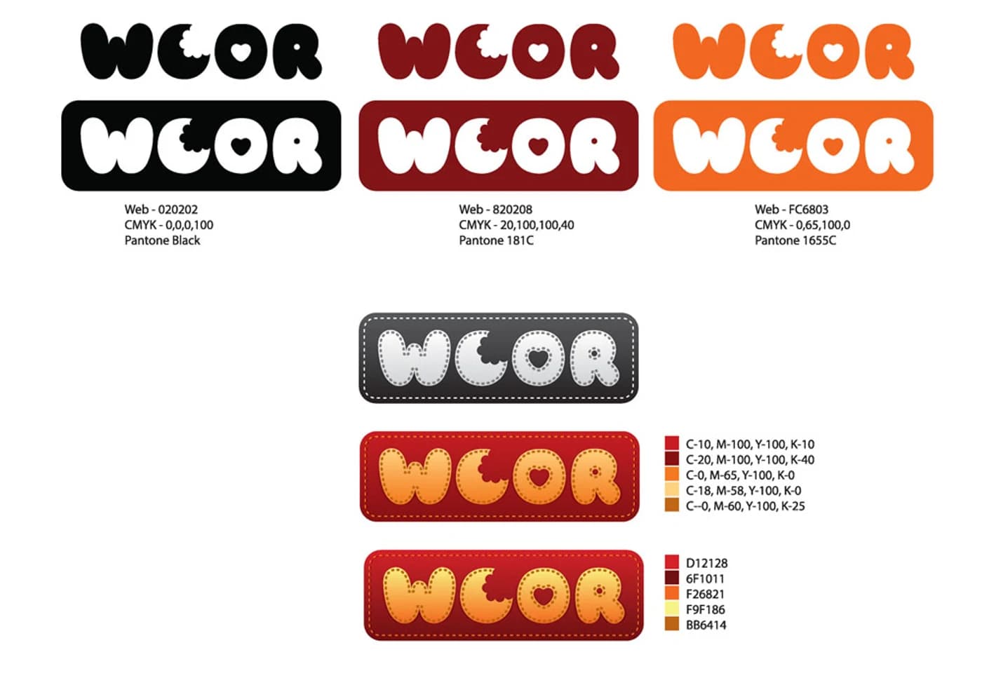 WCOR logo, attēlots vairākos krāsu un tekstūras variantos
