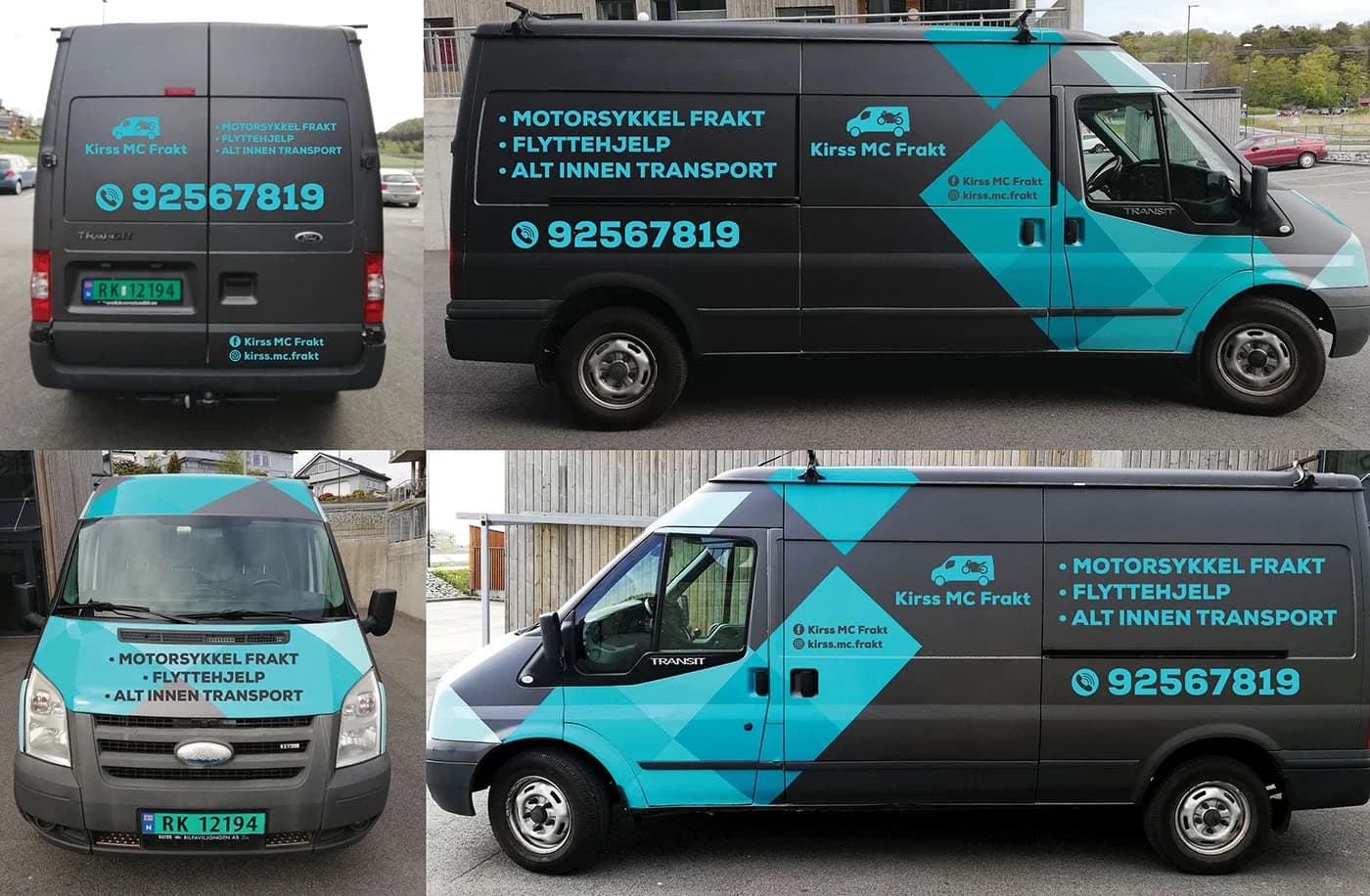 Kirss MC Frakt transport van wrap shown from four angles