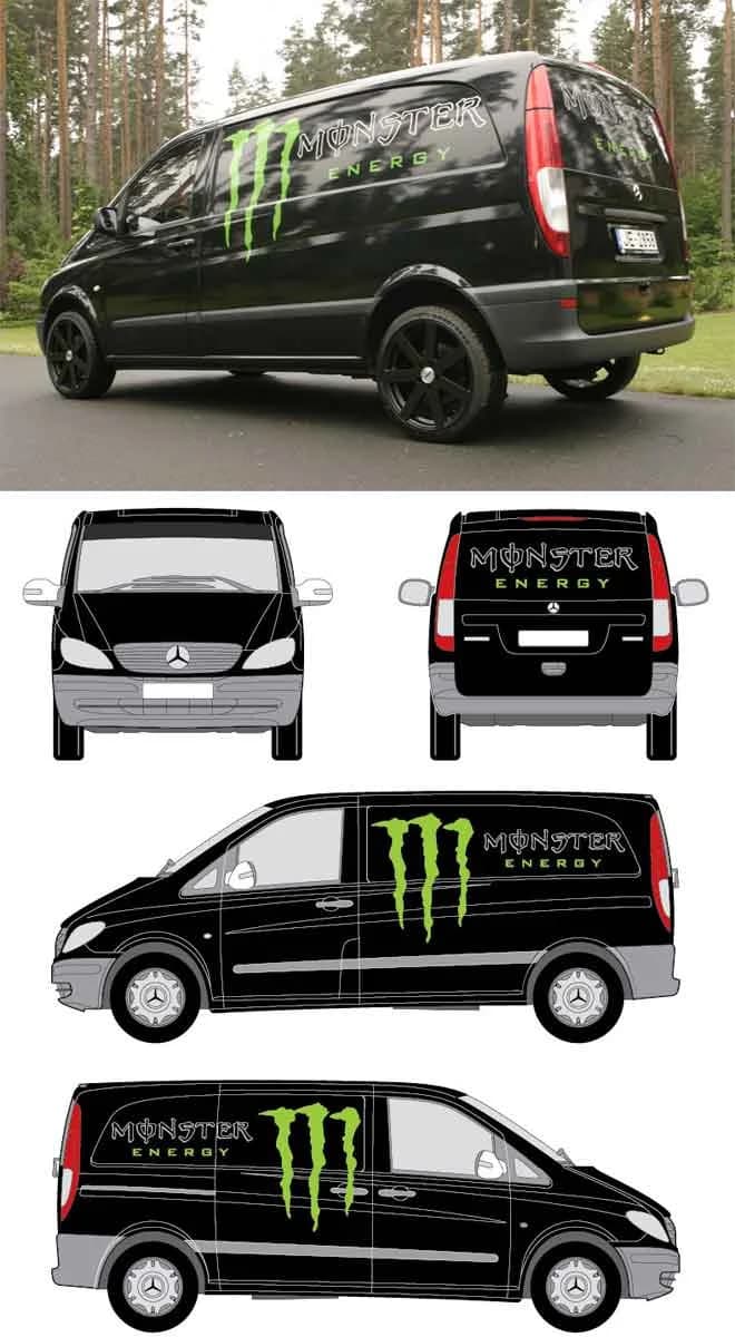 Monster Energy branded van wrap shown from multiple angles