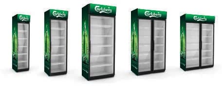 A lineup of Carlsberg branded display fridges in different sizes