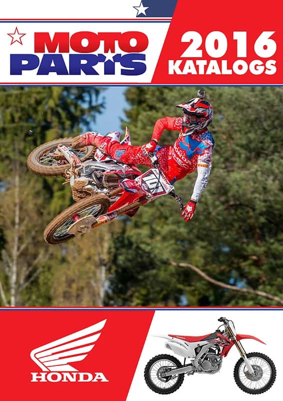 Moto Parts 2016 catalog cover for Honda with a motocross rider mid-jump
