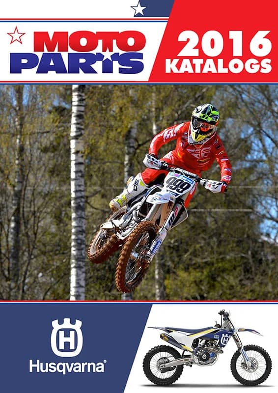 Moto Parts 2016 catalog cover for Husqvarna with a motocross rider jumping through a forest
