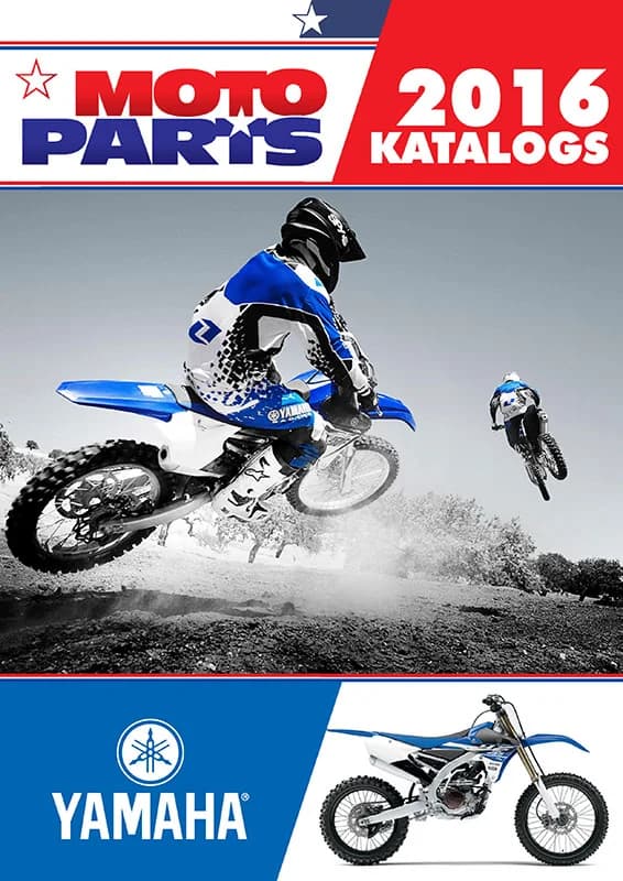 Moto Parts 2016 catalog cover for Yamaha with two motocross riders kicking up dust