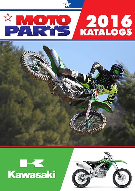 Moto Parts 2016 catalog cover for Kawasaki with a rider mid-air on a muddy track