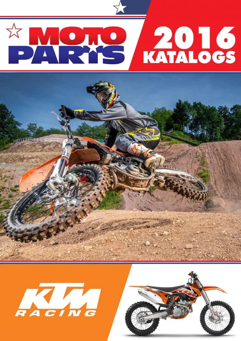 Moto Parts 2016 catalog cover for KTM Racing with a rider cresting a dirt jump