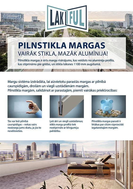 Lakful full-glass balcony railing catalog cover overlooking a city skyline
