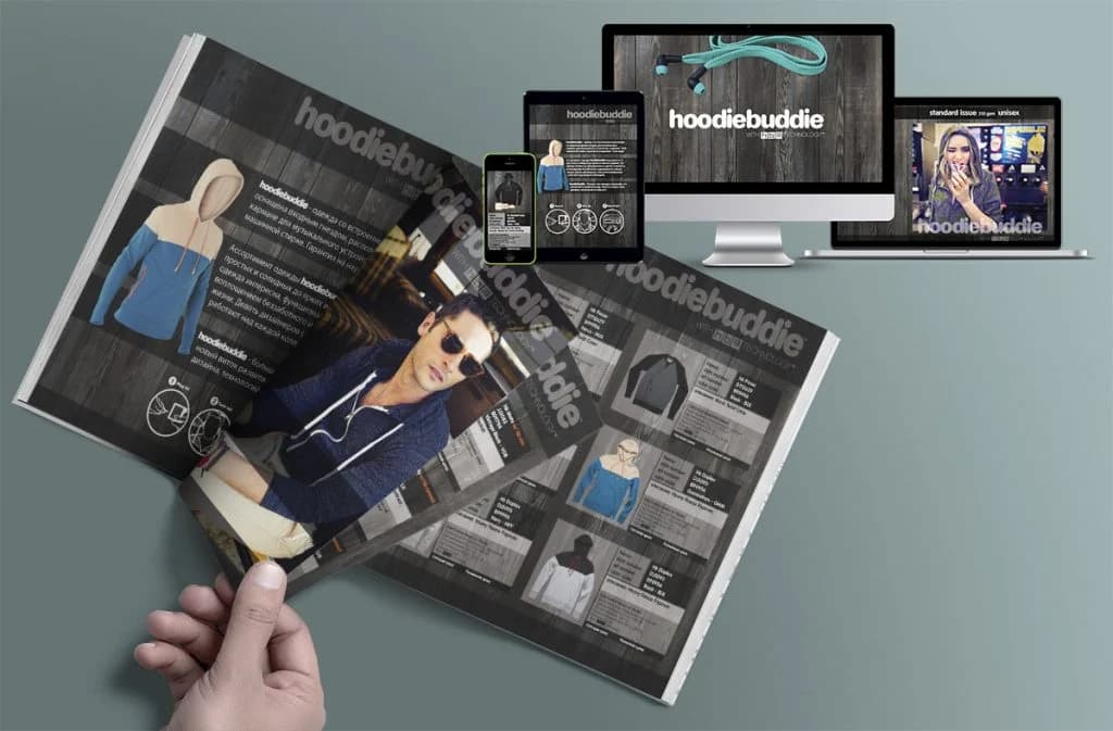 A printed catalog spread shown alongside its matching phone, tablet and desktop layouts