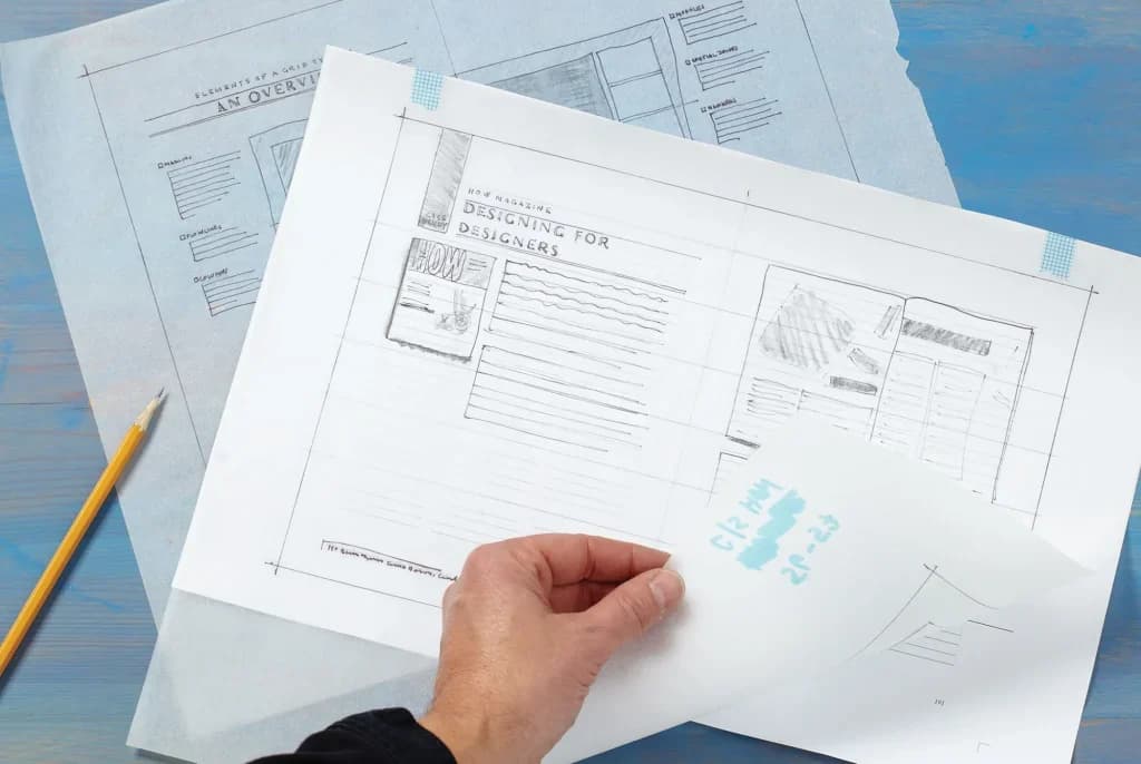 Pencil thumbnail sketches for a magazine layout, pinned under tracing paper