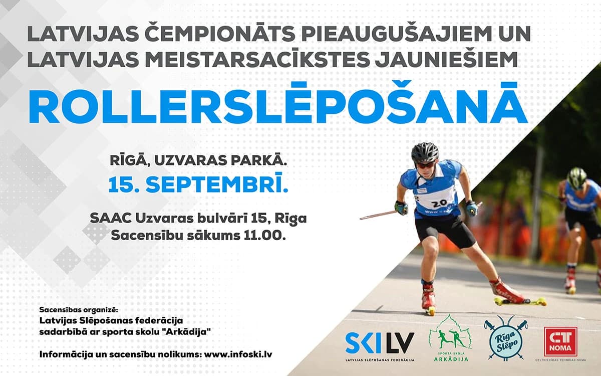 Pasākuma afiša Latvijas čempionātam rollerslēpošanā Uzvaras parkā Rīgā