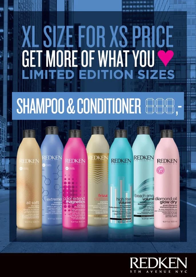 Redken 500ml shampoo and conditioner promotional insert, blue version
