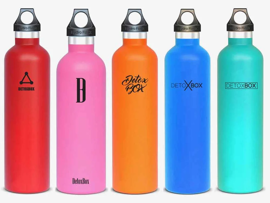 DetoxBox water bottle packaging design in five colourways