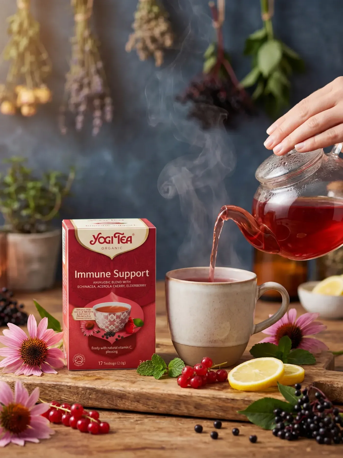 AI ģenerēts dzīvesveida foto Yogi Tea Immune Support tējai, lejot no stikla tējkannas, apkārt kaltētiem augiem, plūškoka ogām un citronu