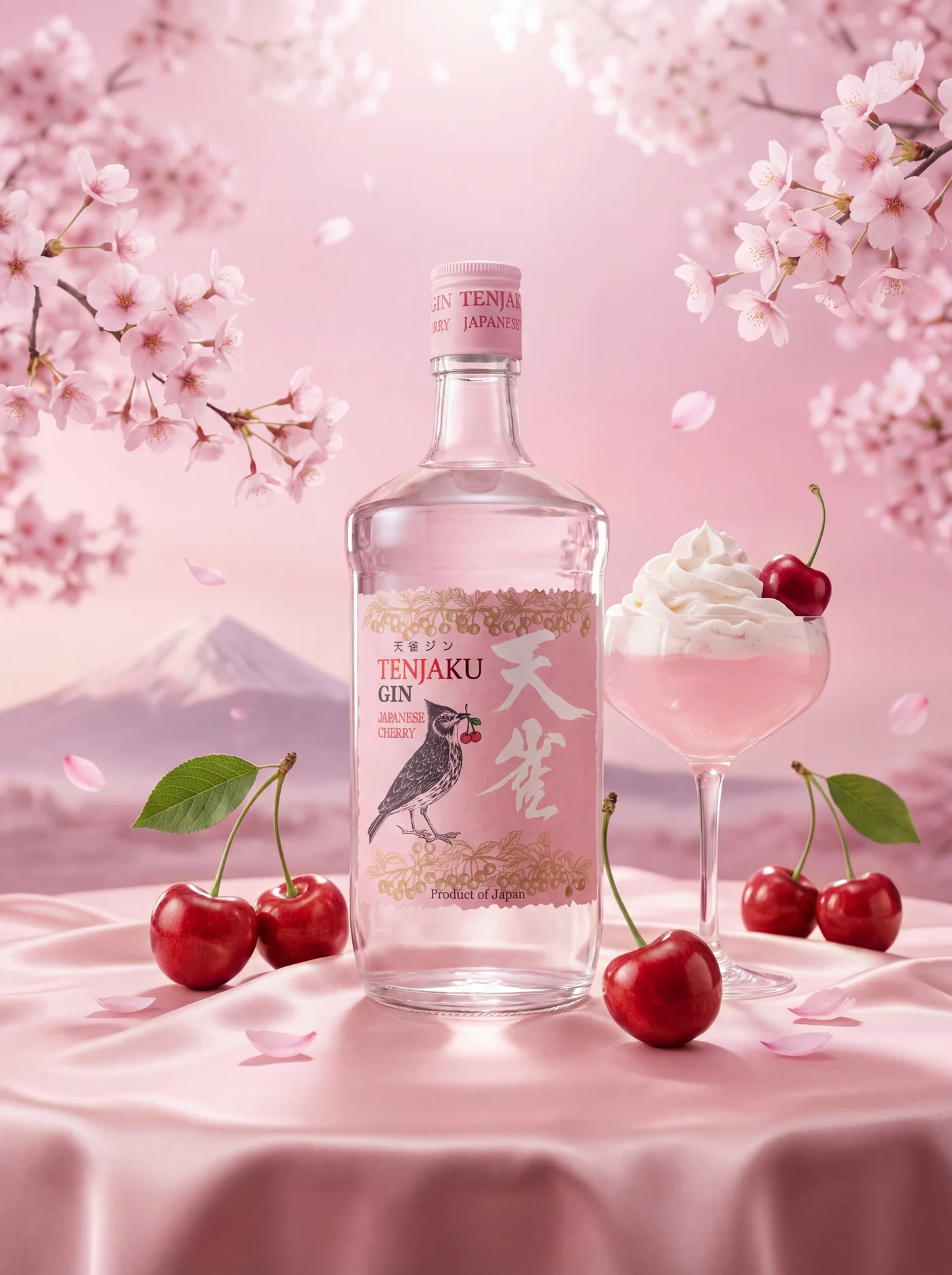 AI ģenerēts dzīvesveida foto Tenjaku džina pudelei ar ķiršu ziedu desertkokteili, Fudzi kalnu un sakura ziedlapiņām fonā
