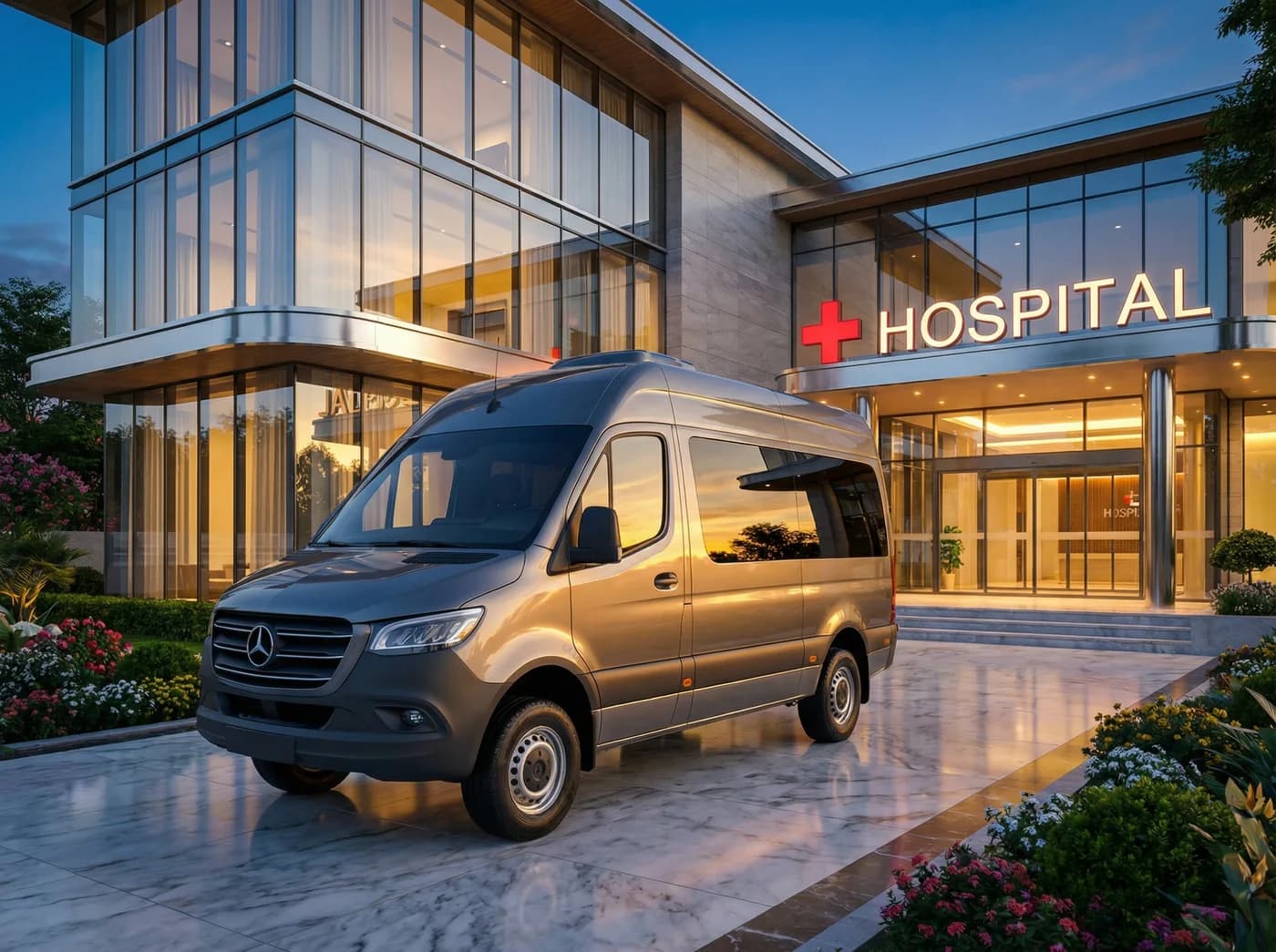 AI ģenerēts foto tam pašam Mercedes Sprinter mikroautobusam, novietotam pie moderna slimnīcas ieejas krēslas laikā