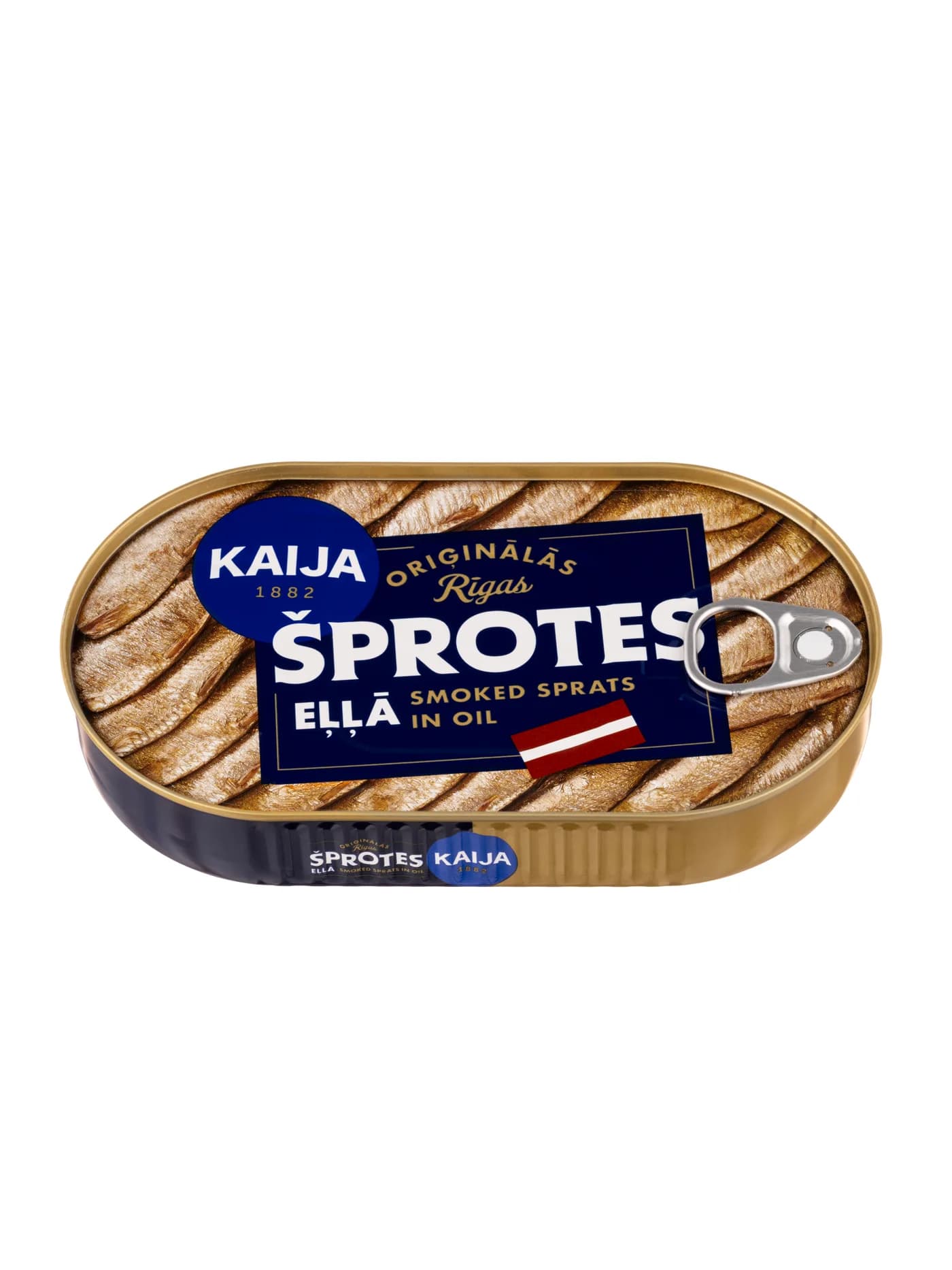 Oriģinālais studijas foto Kaija kūpinātu šprotu konservam uz balta fona