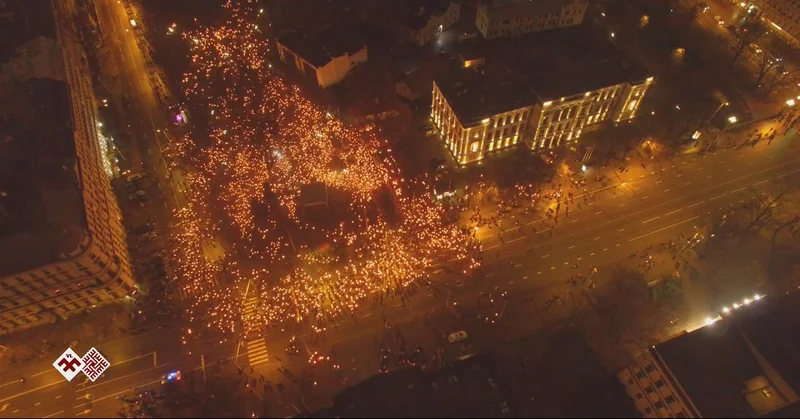 Torchlight procession filmed by drone