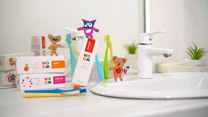 Woom brand toothpaste junior and kids animation